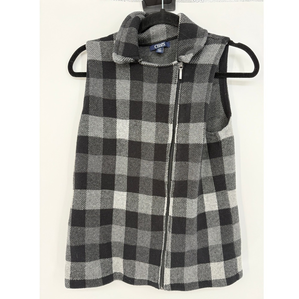 Chaps Womens M Buffalo Plaid Sweater Vest Black Gray Full Zip Sleeveless